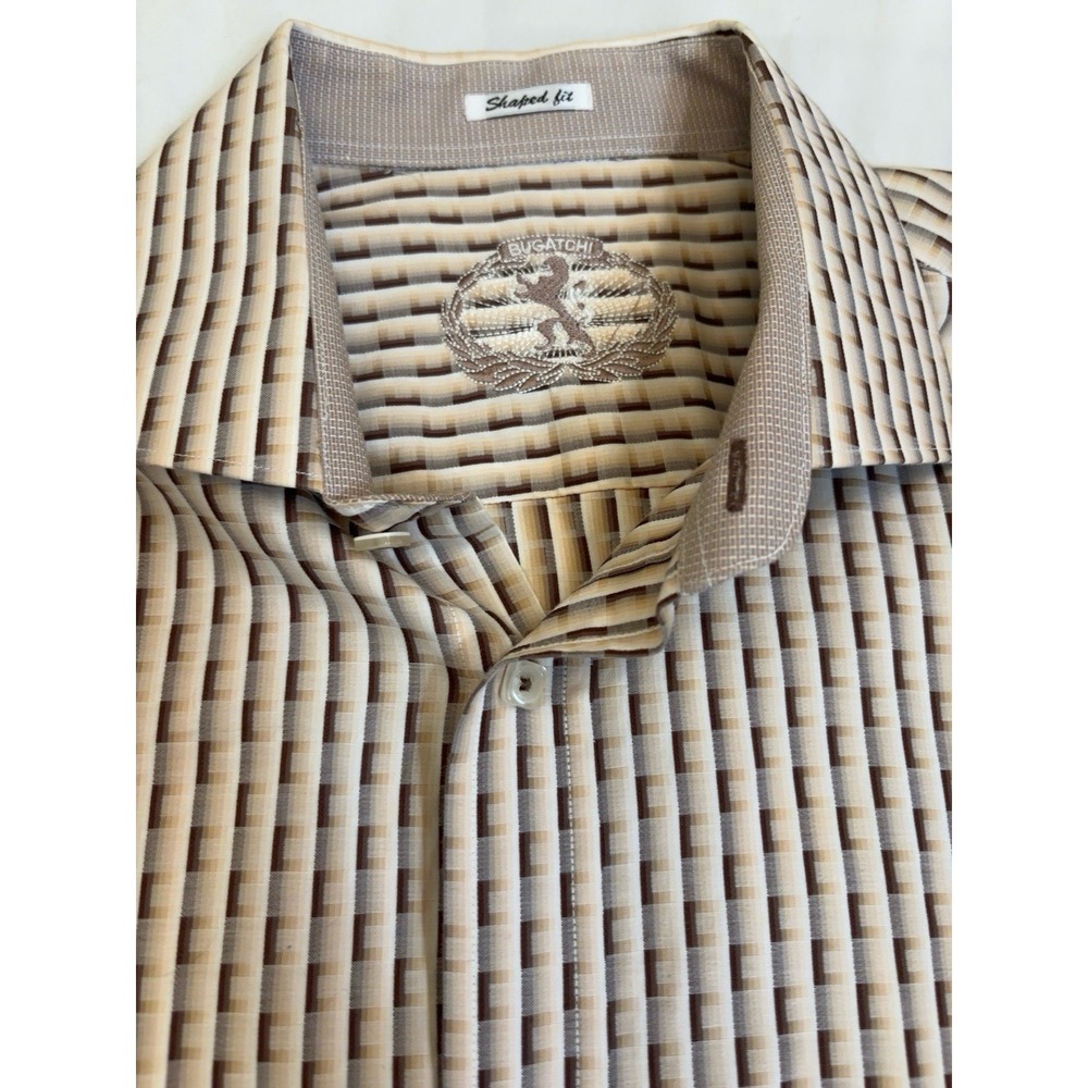 Bugatchi Shaped Fit Button Front Dress Shirt Brown Tan Check Men's XL